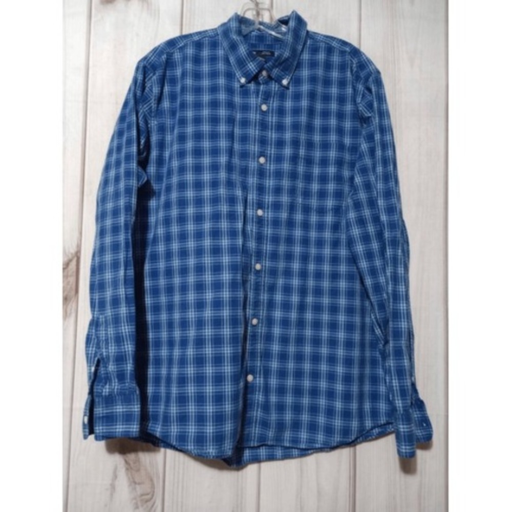 GAP Plaid Button Down Shirt Blue White Standard Fit Long Sleeve Mens XL